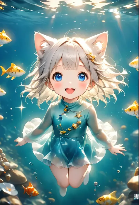 エメラルドグリーンのIn the sea、Cute munchkin cat、 blue eyes, Golden Eyes, Open your mouth a little, accurate, Textured skin, Shiny Hair, Silver Hair, smile, Sparkle Effect, Optical illusion, reflected light, 8k octane, High resolution, whole body、In the sea