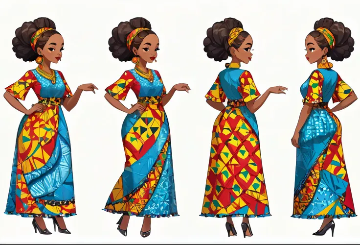  30 years old lady, wearing a colorful Ankara, beautiful, (charater design sheet), front view, side view and back view. White background. Character design for animation. 
African (masterpiece best quality:1.2) delicate illustration ultra-detailed, illustra...