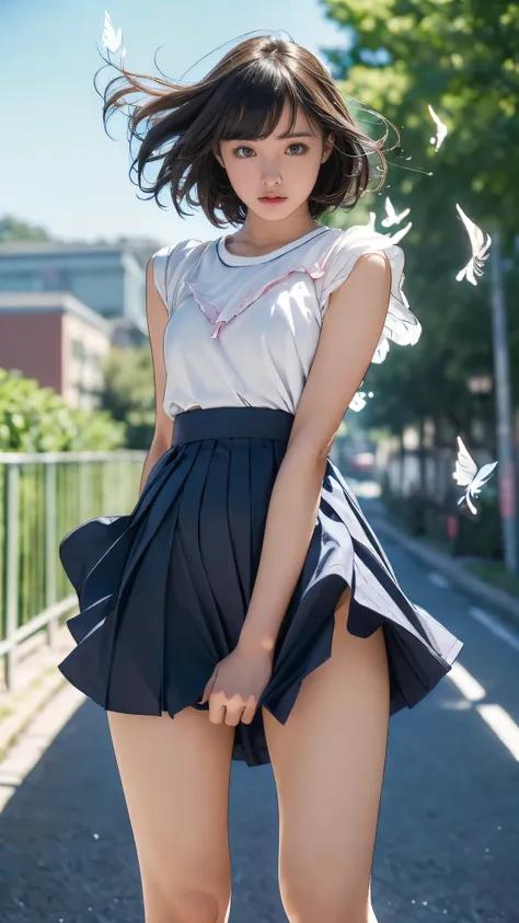 (((Innocent and cute junior high school student))), (A strong wind makes her skirt flutter:1.4), ((I can see your underwear:1.5)), Beautiful bob cut, Immersion, Beautiful Eyes, Ultra-high resolution, ((Thin thighs:1.3, Inner thigh:1.4)), Slender body line,...