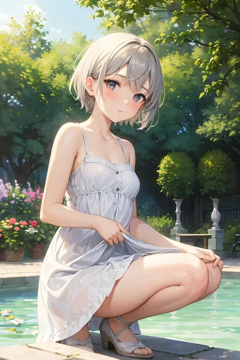 In the style of Claude Monet, Impressionism, One girl, Focus on the upper body, (White camisole dress), , Whole Body Ezbian, Silver short hair, Pool,  Crouching。show off pussy