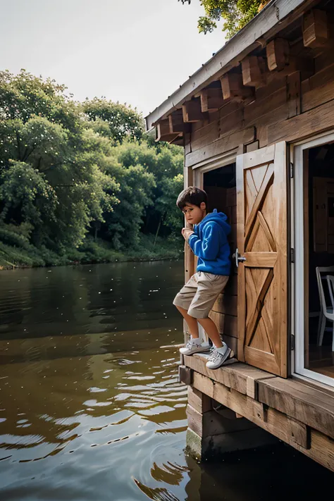 one boy trying to get out of the window of a wooden house by the river .