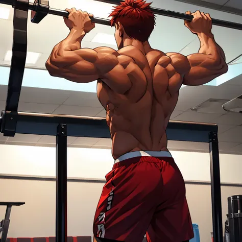 red-haired man, back, dry muscular, not massive, doing pull-ups on a sports bar