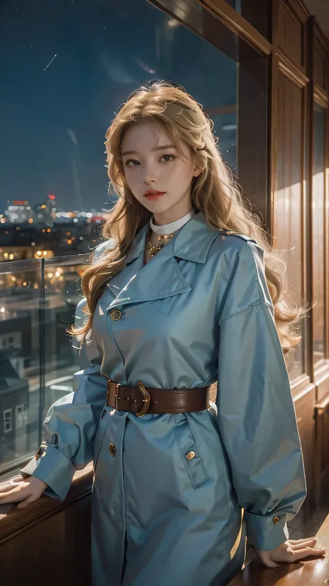 Girl wearing, luxury  cyan coat,  Coat belt, golden blet, with bishop collar design, shoulder length hair, wavy hair, glowing skin, star in eye, red lips, audience background, City background, sky scraper, open area, stars, dinning table, cute poses , uppe...