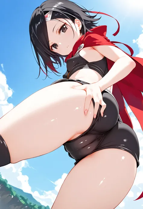 Sarada Uchiha, (1 girl), tight shorts, small ass, small breasts, short black hair, cameltoe,  black eyes, forehead protector, bottom view, Sarada Uchiha looking at the viewer 