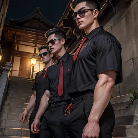 Age 27,Three tall men,、Black shirt with short sleeves、Red tie、black slim pants、Raid　Stairs of the mansion in midsummer、squat、logic, ,Very short hair　,Japanese Face,　Upper body close-up、Seen from below　Black sunglasses