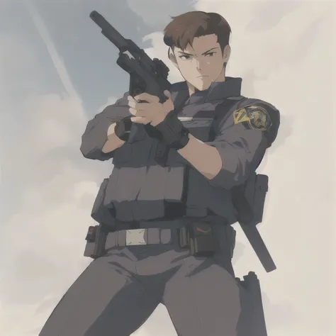 anime character holding a gun in a cloudy sky, character design police man!!, character design police man, makoto shinkai ( apex legends ), officer, high quality fanart, chris redfield, official fanart, police officer, zerochan art, kentaro miura art style...