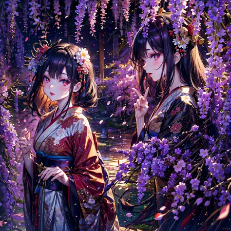 portrait of 1 beautiful geisha in the wisteria forest,  dark night, wavy hair, pale skin, makeup, red lips, , kimono, hanfu, floral print, (Beautifully Aesthetic:1.2),wisteria, peace, tranquility, serenity, petals