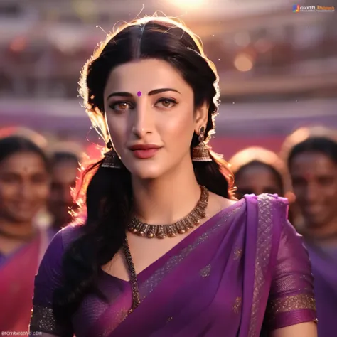 shruti haasan,(art by kubisi art:0.7) , (art by tom mcguinness:0.9) , wearing purple saree, showing navel, [portrait, full body ...