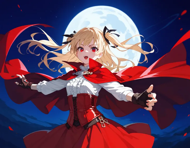 One girl, alone, White shirt, Red long cape, Red Corset, Red skirt with frills, Black fingerless gloves, blonde, two side superior, Red Eye,
animeの女の子, Dutch Angle, Acrobatic pose, Cowboy Shot, Satanic, Dark style,
Red full moon, night sky, night, Red moo...