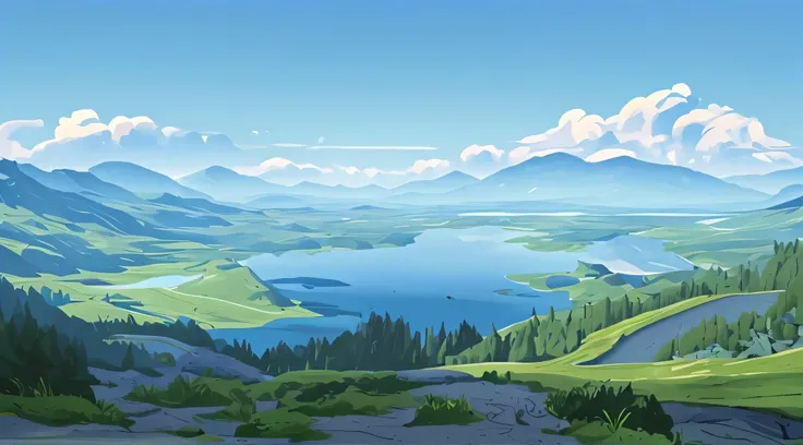 8k, high-definition, wilderness, with a huge lake in the middle and mountains in the distance, game scene, beautiful scenery, ultra clear, master level work,super detailed,