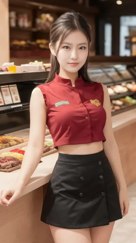 (Highest quality,4K,8k,High resolution,masterpiece:1.2), 1 female, Female fast food store clerk, Red Shirt, Red visor, Black mini skirt, Hamburger Shop Uniform, Displayed Items, Bright interior, Female clerk at the counter, Soothing background music, Clean...