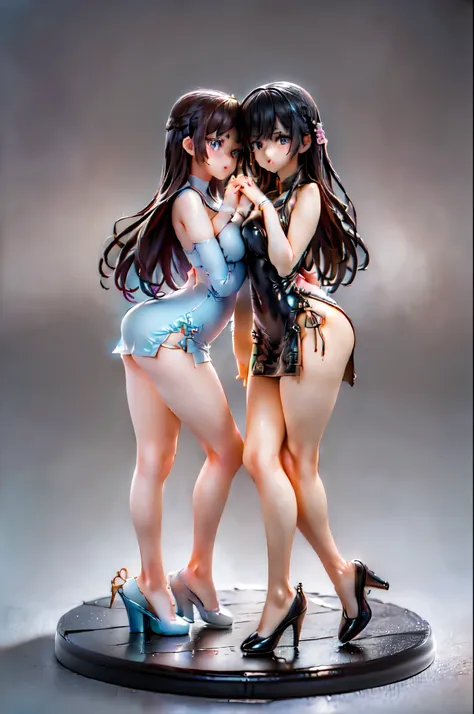 (Two girls hugging each other and holding hands:1.8), (Sitting on the bed:1.5), (China dress:1.5)、(Big Breasts、Butt:1.5), (shed a lot of tears、Crying in fear:1.5), (Simple Background:1.8), (Highest quality, masterpiece: 1.5), (2.5D)、(((Skin glowing with oi...