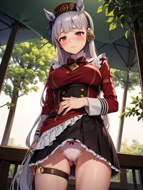 Dark color depiction、、Kindergarteners、、、child、childの小さな体、(masterpiece, Highest quality:1.2), alone, One girl, umpd gold ship、Maid clothes、Lace underwear、Horse tail, blush、in the forest、Background Nature、Masturbation、masturbation behavior、blush、Sweat、Very e...