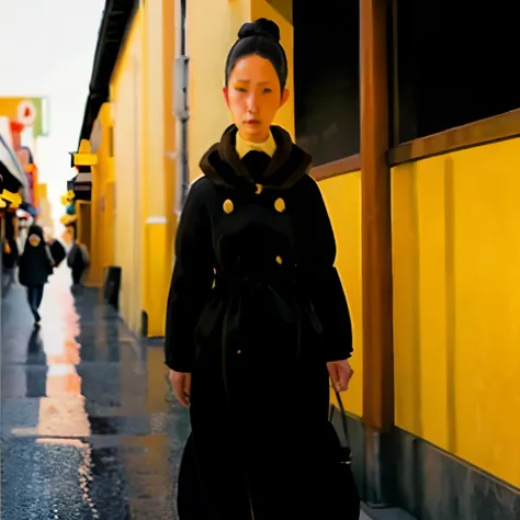 woman walking in yellow downtown、can be viewed