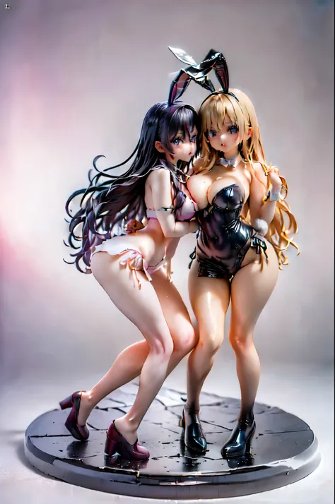 (Two girls hugging each other and holding hands:1.8), (Sitting on the bed:1.5), (Bunny girl:1.5)、(Big Breasts、Butt:1.5), (shed a lot of tears、Crying in fear:1.5), (Simple Background:1.8), (Highest quality, masterpiece: 1.5), (2.5D)、(((Skin glowing with oil...