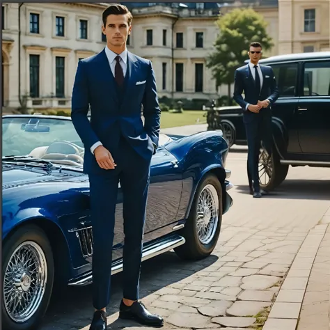 a close up of a man in a suit next to a car, wearing a stylish mens suit, looking majestic and classic, beautiful and elegant, blue suit, wearing dark blue suit, elegant and proud, stylish suit, luxurious suit, high quality suit, well dressed, well dressed...