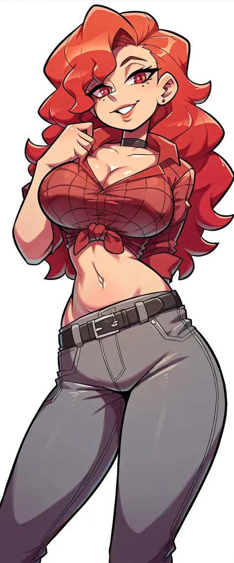 A beautiful, sexy, attractive, sensual, big breasted, long, wavy red hair, her red eyes are dressed in a red button-down shirt with a tied knot, showing her belly button, a transparent black net and dark gray pants, a black belt, a black heel.