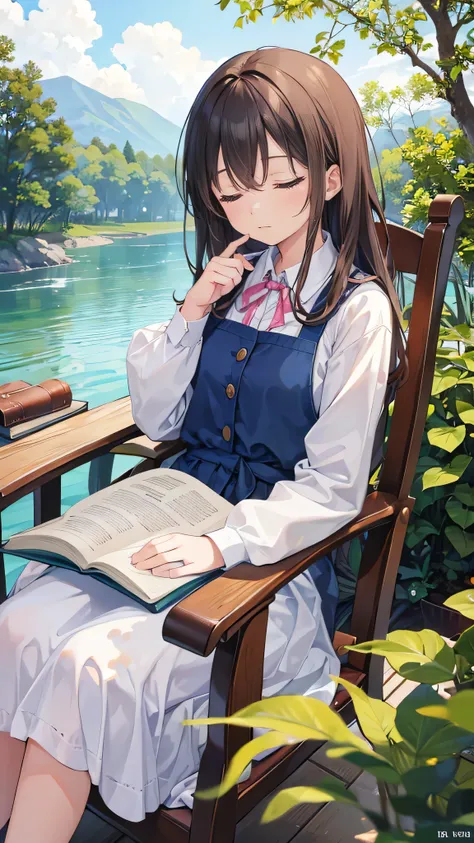 A very cute  girl sleeping in a chair by the river with a book in her hands、Eyes closed、