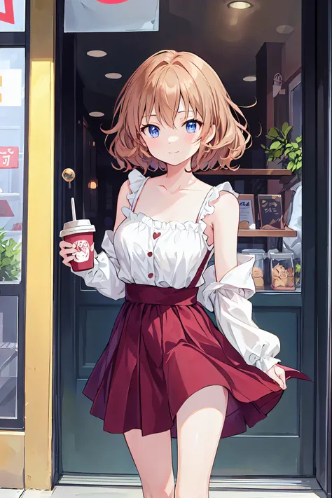 Brown Hair，Shoulder-length hair，Messy Hair，Slender beauty，Correct posture，Mid-chest，Beautiful feet，Very cute，🩷，（Cute older sister:1.3）、Long eyelashes、smile,early summer vibes、noon、Aggressive、hot、((Strong winds))、Red camisole，Her captivating grey-blue eyes ...