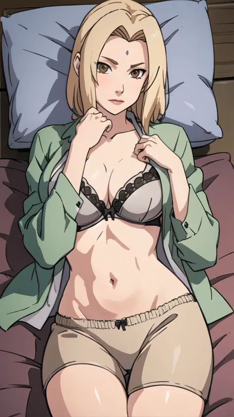 Lying in bed open shirt showing bra blonde hair brown eyes 