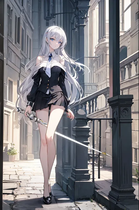 ((masterpiece)), ((best quality)), ((best illustration)), ((ultra-detailed)), 1 lady, teenager, absurdly long hair, silver hair, straight hair, blue eyes, beautiful detailed eyes, gloomy face, looking at viewer, business suit, ((off shoulder)), ((miniskirt...