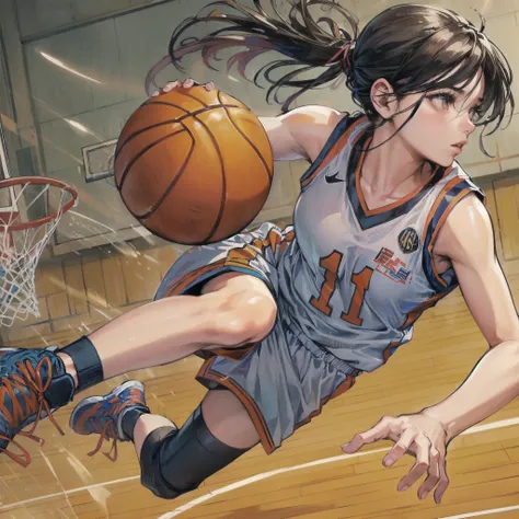  masterpiece, (textured skin), best quality, gorgeous beautiful girl, (a female basketball athlete), detailed clothes,large breasts,narrow waist,, (beautiful face), cinematic lighting, (at basketball venue ),