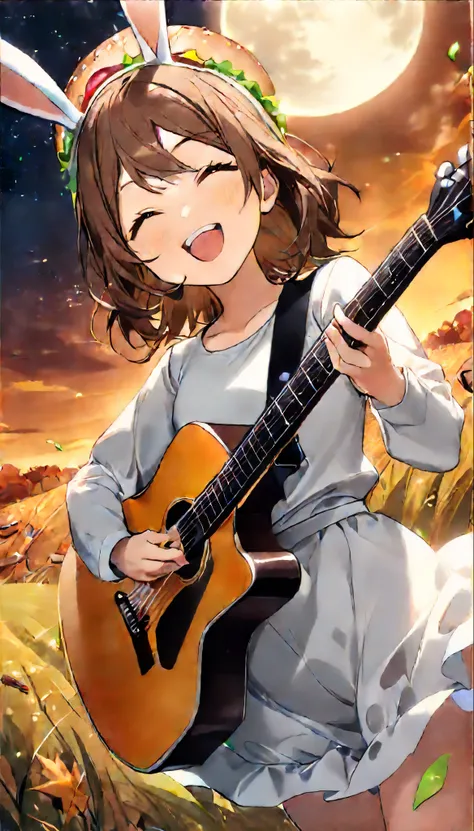 Girl wearing (Lightweight long sleeve outfit for autumn)Brown Hair,1 person,With rabbit ears(I have a guitar:1.5)(hamburger🍔:2.0)(Singing with a smile😄)Detailed Background,(Awn grassland、full moon)(dynamic angle:1.4)(ギター🎸を演奏:1.5)