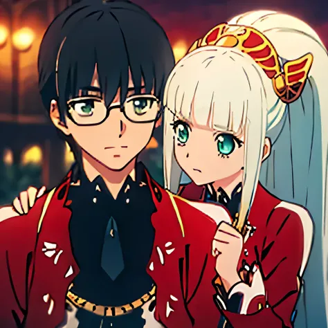 1 boy with black hair, Red jacket and glasses romantically kissing a girl in a red and white dress Long light green hair and green eyes, bright city at night in the background., True love, blushing cheeks, high quality 