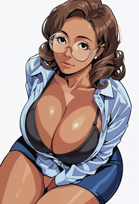 score_9, score_8_up, score_7_up, score_6_up, score_5_up, score_4_up, source_cartoon, by sh1r3n, giving a blowjob, 1girl, looking up at viewer, sitting, high angle shot, mature,black bra, brown skin, pouty lips, detailed, huge breasts, cleavage, teachers ou...