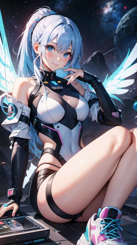 最high quality、Best image quality、masterpiece、and((cute、1、Best Bust、Medium Bust、Beautiful Blue Eyes、Spread your chest wide,Pastel colored hair、ponytail、Disheveled Hair、thin、Highest valley、Cyber Suit、smile、necklace、Show the whole body、Cyber Wings、Lie、Cyber S...