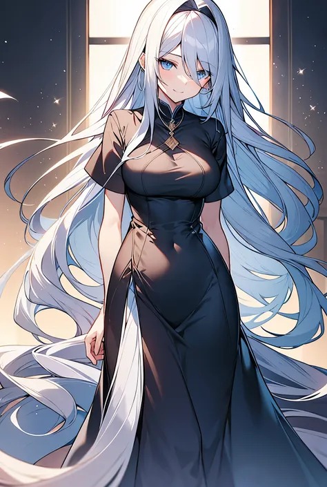 Long flowing hair, Sparkling Blue Eyes, A gentle smile, Warm atmosphere, Maternal tolerance, Dignified standing figure, Beauty reminiscent of nature, god々Aura, Intellectual look, Calm demeanor
