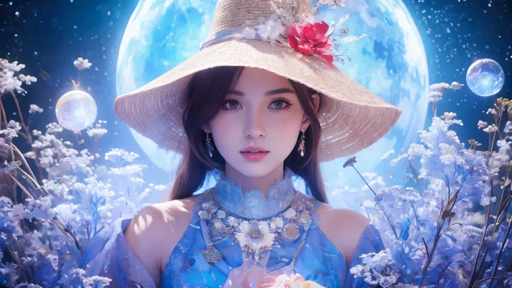 witch，Conservative clothing，Wearing a big hat，Blue crane，Wearing blue, Red and white princess dress，Upper body close-up，Close-up photos，Jewelry，Scenery of Heaven and Earth，Magic crystal ball，The background is the Milky Way，Solar System
