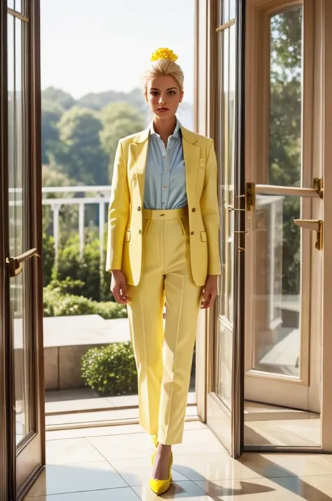 Arealistic detailed female mannequin wearing a light yellow tailored short coat and blue trousers is standing next to a large glass window in a luxurious house, holding a pink rose in her hands, with beautiful yellow shoes on her feet.