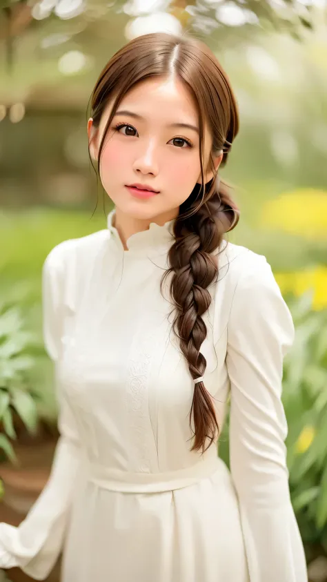 Realistic, High resolution, Soft Light,1 female, １６age、Medium chest、Japanese、alone, Hips rise, Glowing Skin, (Detailed face),Brown Hair,French Braid、Stylish dress、garden,(Dynamic Angle:1.1),wonderful,Soft and warm color palette, Delicate brushwork, The rig...