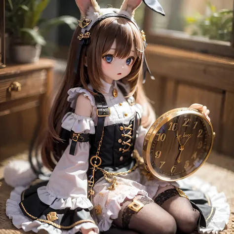 
The rabbit girl is holding a big clock with Alice_Wonderland、Goth Costume