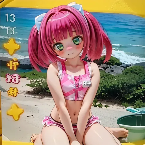 Urin-chan, One Girl, Green Eyes, alone, Pink Hair,  bikini, , Long Hair,  Twin tails, shorthand, , Dynamic pose,Sweaty,blush,Sit on the beach