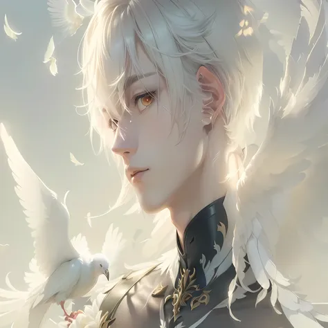 anime boy, feathery wings, pale haie, ivory dove, feathery, angelic, masterpiece, best quality, (extremely detailed CG unity 8k wallpaper), (best quality), (best illustration), (best shadow), absurdres, realistic lighting, (Abyss), beautiful detailed glow,...