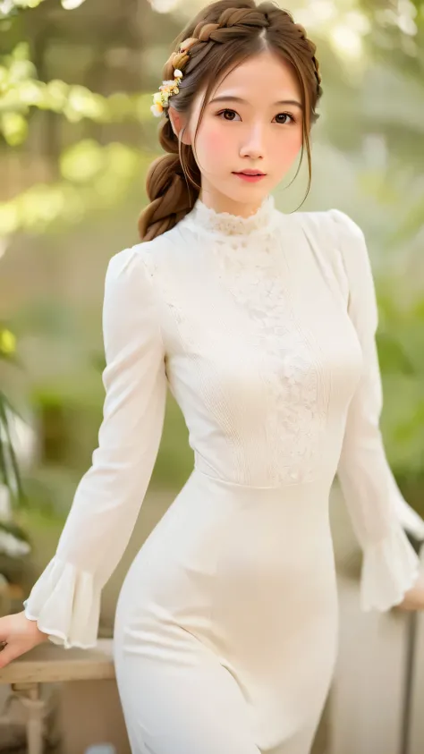 Realistic, High resolution, Soft Light,1 female, １６age、Medium chest、Japanese、alone, Hips rise, Glowing Skin, (Detailed face),Brown Hair,French Braid、Stylish dress、garden,(Dynamic Angle:1.1),wonderful,Soft and warm color palette, Delicate brushwork, The rig...