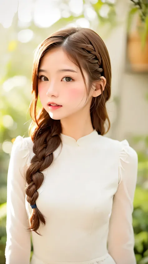 Realistic, High resolution, Soft Light,1 female, １６age、Medium chest、Japanese、alone, Hips rise, Glowing Skin, (Detailed face),Brown Hair,French Braid、Stylish dress、garden,(Dynamic Angle:1.1),wonderful,Soft and warm color palette, Delicate brushwork, The rig...