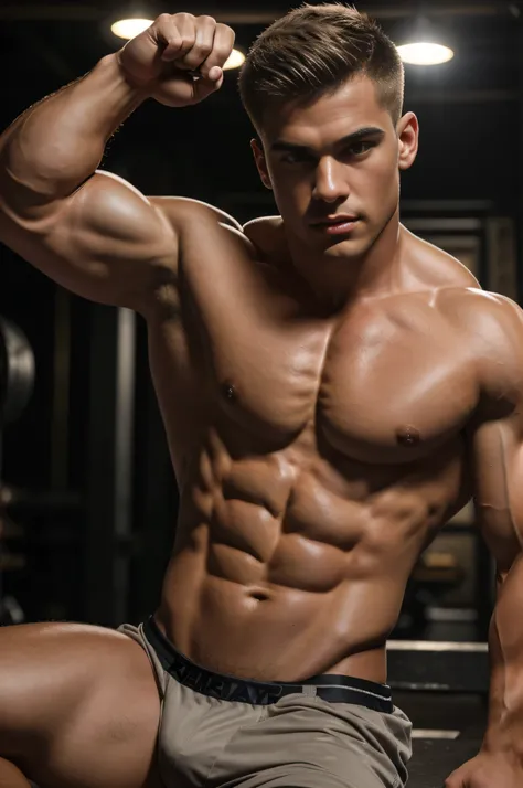 A muscular boy, short light-colored hair, a handsome youthful face, a rosy healthy complexion, red lips, a strong muscular chest and abs, dense chest and abdominal hair, solid toned robust physique, visible muscle and fat, tanned skin, close-up, hardcore t...