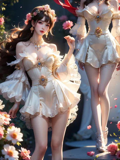  (High quality details), 1girl, 独奏, Young women, Elegant posture, (Focus on natural body posture and correct anatomy:1.3), (Perfect leg proportions:1.3)，(True and accurate leg shape:1.2), ((Natural leg position)), The skirt is short, One hand strokes the h...