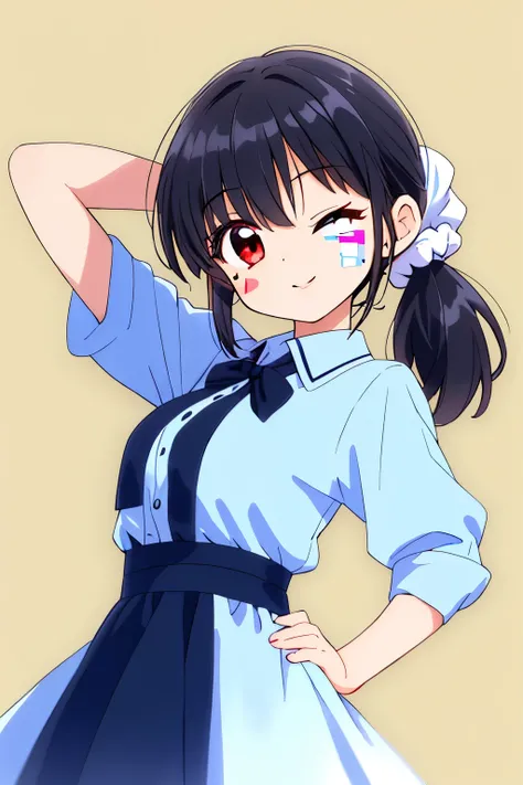 (1girl),
(Wearing a white summer long dress:1.1),

(shiny pitch black hair:1.2),
(Low twintails tied with a white Scrunchie:1.1),

 (Puff out your cheeks:1.1), red eyes,slanted eyes,
Proud face,A smile on the lips,
(Wink with right eye closed:1.2),
 a larg...