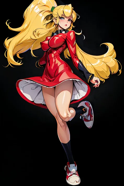 ((1girl)), Generate an illustration of a mature Roll, (red dress), hd, long blonde hair, long ponytail, hair bangs, fringes, shiny hair, (large breasts:1.2), black top, buttons, outfit in anime format with a serious style, sneakers, make up, masterpiece, d...