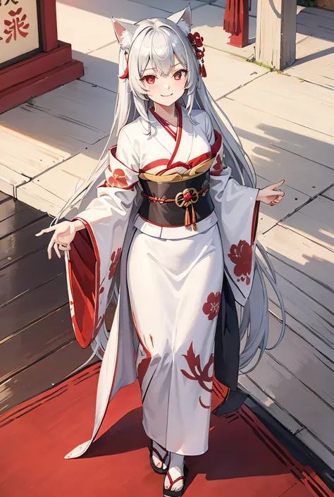 One Girl, Long Hair, Big smile, Silver Hair, Red Eye, White kimono, shrine, Highest quality, High-resolution models, Looking down, Cat ear, far and near method,