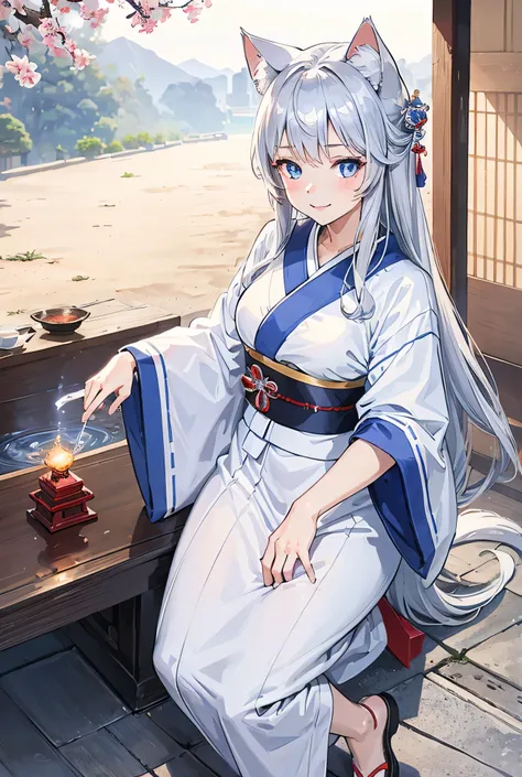One Girl, Long Hair, Big smile, Silver Hair, Blue Eyes, White kimono, shrine, Highest quality, High-resolution models, Looking down, Cat ear, far and near method,