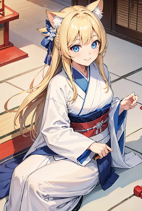 One Girl, Long Hair, Big smile, Blonde, Blue Eyes, White kimono, shrine, Highest quality, High-resolution models, Looking down, Cat ear, far and near method,