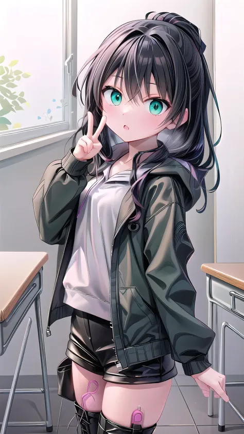 Anime Girl with black hair and green eyes making a peace sign, Goshintai, Anime Girl with teal hair, Anime style 4k, Anime cute art style, 2DAnime style, Best Anime 4K Konachan Wallpapers, Anime Characters, Anime atmosphere, an Anime Girl, Anime style, Nig...