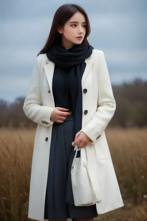 8K, best quality, masterpiece, realistic, ultra detail, photo realistic, Increase quality, a photo of a girl standing in a field wearing a tailored coat with a scarf and a black tailored maxi skirt ,(( in the style of dark and brooding designer, voluminous...