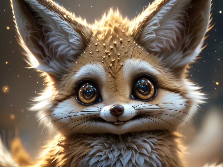 close-up photo super cute, big-eyed, with a soft, gentle nose, fluffy, smiling with two teeth, fennec fox on a natural background, realistic, beautiful, sparkles, stars in the eyes, soft volumetric light, (backlight:1.3), (cinematic:1.2), intricate details...
