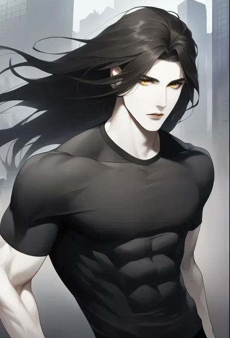 1 , male focus, pale skin tone, yellow eyes, muscular male, muscular, Scrawny, standing, city by day, defined abs, standing, standing alone, seriously, long hair, hair covering right eye, black hair that is combed up, parted lips, black jersey, dark brown...